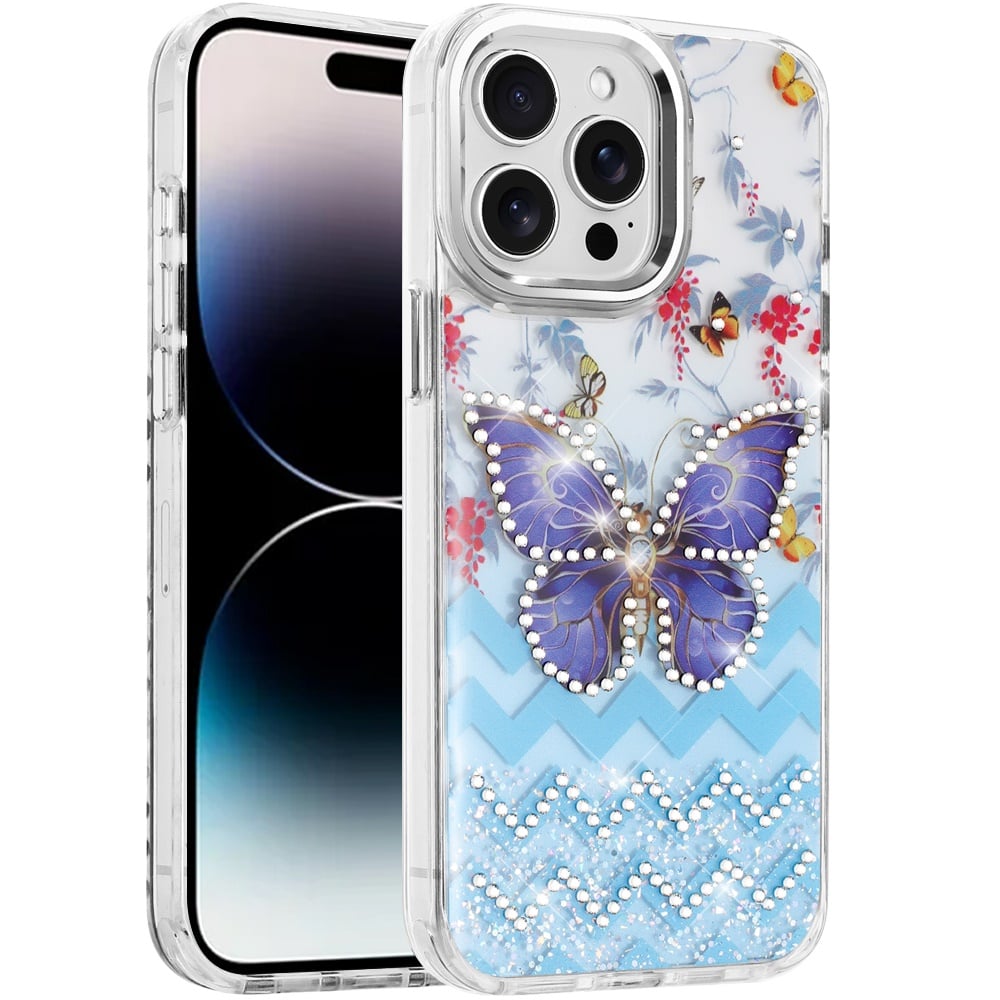 For iPhone 14 Pro Max (6.7") Butterfly Resin Epoxy Diamond Design Metal Edged Hybrid Shockproof Heavy Duty Drop Protection Case Cover