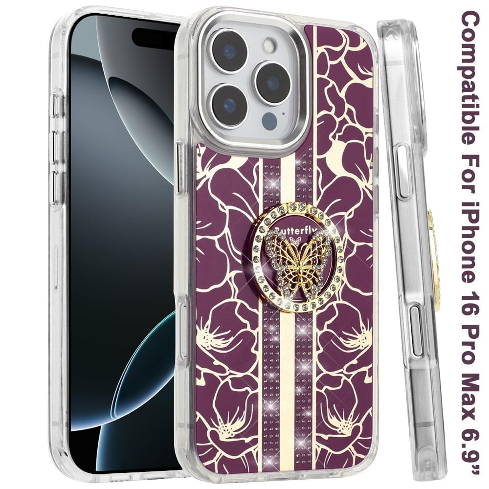 Floral Butterfly Ring Stand Glitter Bling Shockproof Hybrid Luxury Fashion Protective Anti Slip Durable Grip