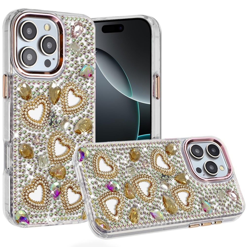 Phone Case for Apple iPhone 16 Pro Max Luxury Crystal Heart Rhinestone Diamond Bling Shockproof Hybrid Glitter Protective Stylish Durable Grip Cover Gold