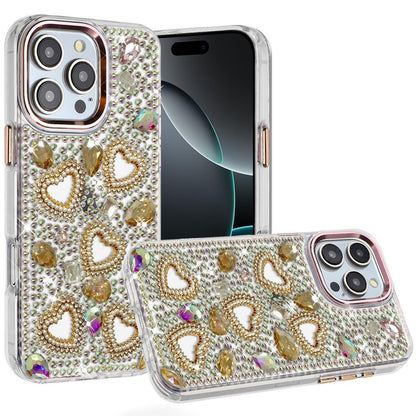 Phone Case for Apple iPhone 16 Pro Max Luxury Crystal Heart Rhinestone Diamond Bling Shockproof Hybrid Glitter Protective Stylish Durable Grip Cover Gold