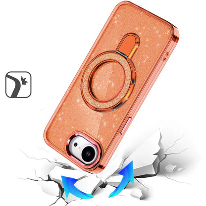 For Apple iPhone 17E /16E Transparent Glitter Bling Case with Rotating Magnetic Ring Stand, Shockproof Hybrid Case Cover Cosmic Orange