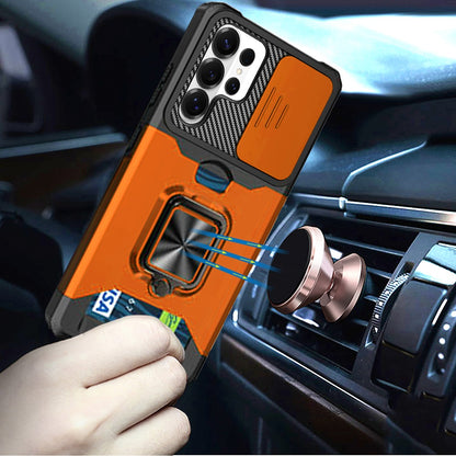 For Samsung Galaxy S25 Ultra Wallet Case with Ring Stand & Slide Camera Cover Back Credit Card Slot Holder, Military Grade Case Cover Cosmic Orange