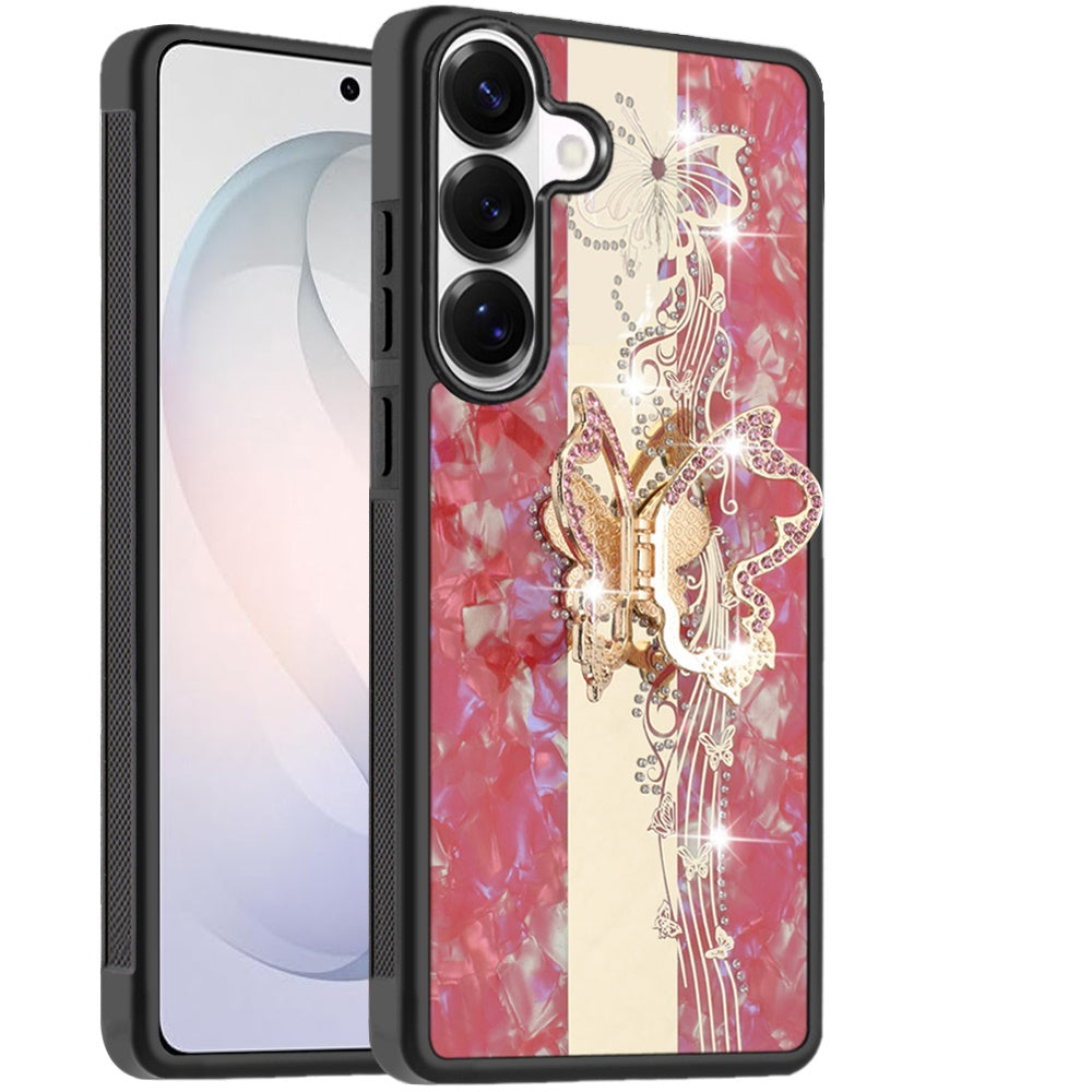 Phone Case for Samsung Galaxy S26 FE /Fan Edition Diamond Glitter Butterfly Engraved Ring Stand Luxury Bling Hybrid Shockproof Chrome Edge Protective Durable Grip Cover