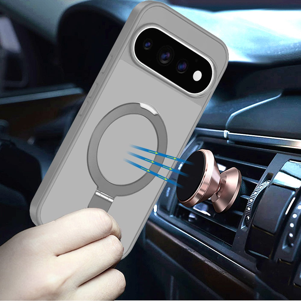 Phone Case for Google Pixel 11 /11 Pro Magnetic Ring Stand Full Rotation Matte Shockproof Grip Anti Slip Durable Camera Protection Hybrid Cover Gray