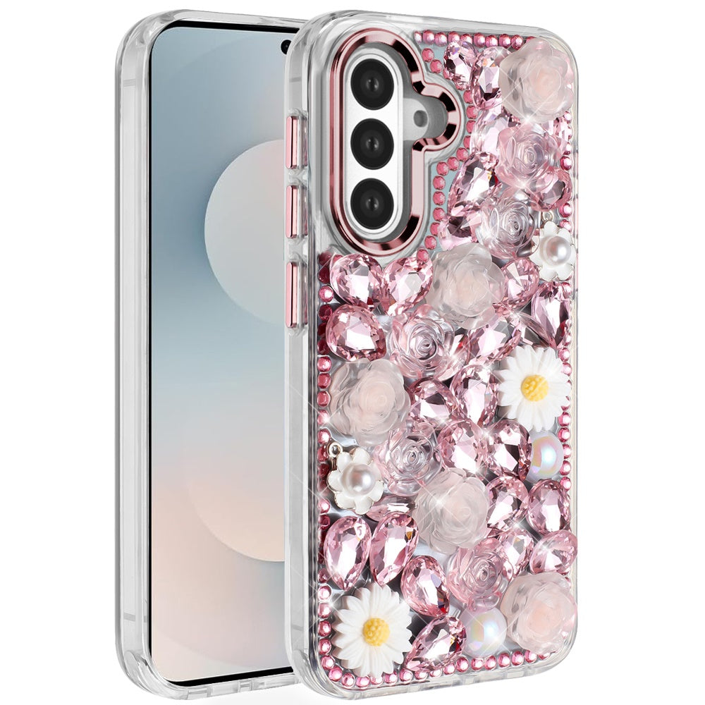 For Samsung Galaxy S26 Fashion Daisy Floral Series, Full 3D Bling Crystal Diamonds Sparkling Rhinestone Glitter Hybrid Design Case Cover Pink