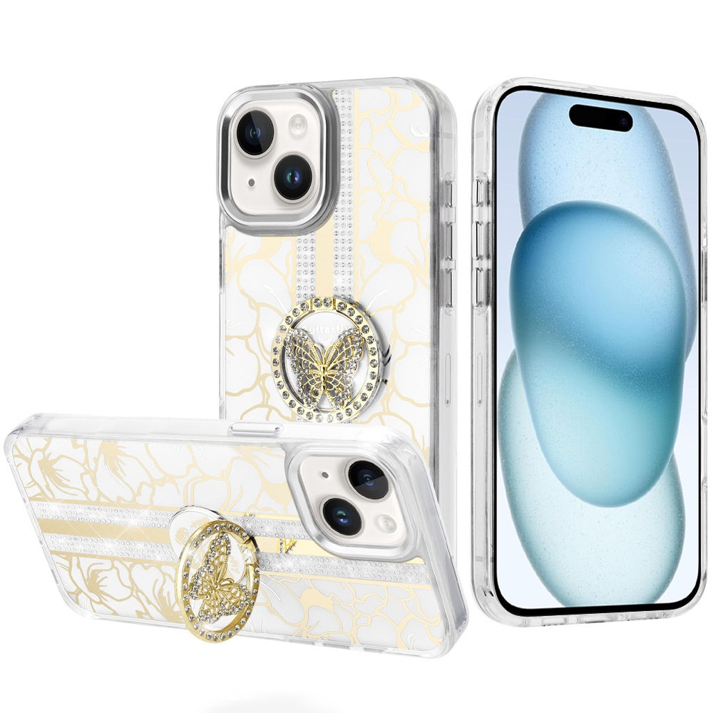 Phone Case for iPhone 15 (6.1") Floral Butterfly Ring Stand Glitter Shockproof Hybrid Luxury Metal Camera Protective Anti Slip Durable Grip Cover White