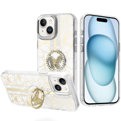 Phone Case for iPhone 15 (6.1") Floral Butterfly Ring Stand Glitter Shockproof Hybrid Luxury Metal Camera Protective Anti Slip Durable Grip Cover White