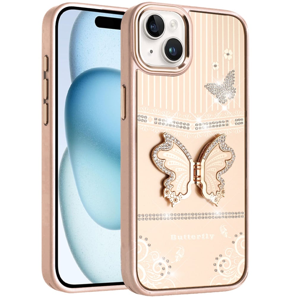 Phone Case for Apple iPhone 15 Glitter Bling Butterfly Stand Metallic Edge Hybrid Shockproof Grip Durable Camera Protection Stylish Design Cover Gold