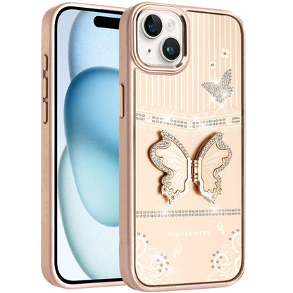 Phone Case for Apple iPhone 15 Glitter Bling Butterfly Stand Metallic Edge Hybrid Shockproof Grip Durable Camera Protection Stylish Design Cover Gold