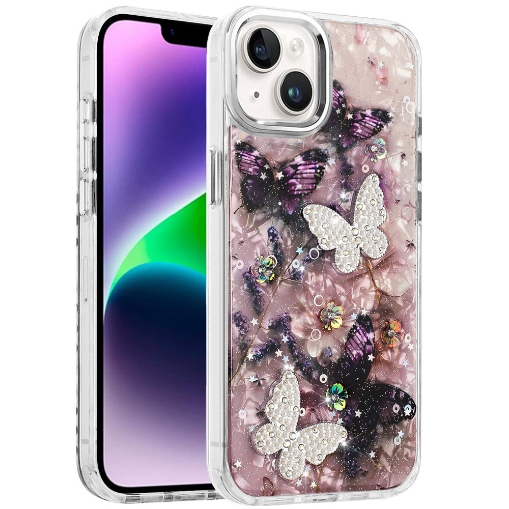 Phone Case for Apple iPhone 14 /iPhone 13 Glitter Butterfly Design Metal Buttons Shockproof Hybrid TPU + PC Durable Protective Slim Grip Stylish Cover