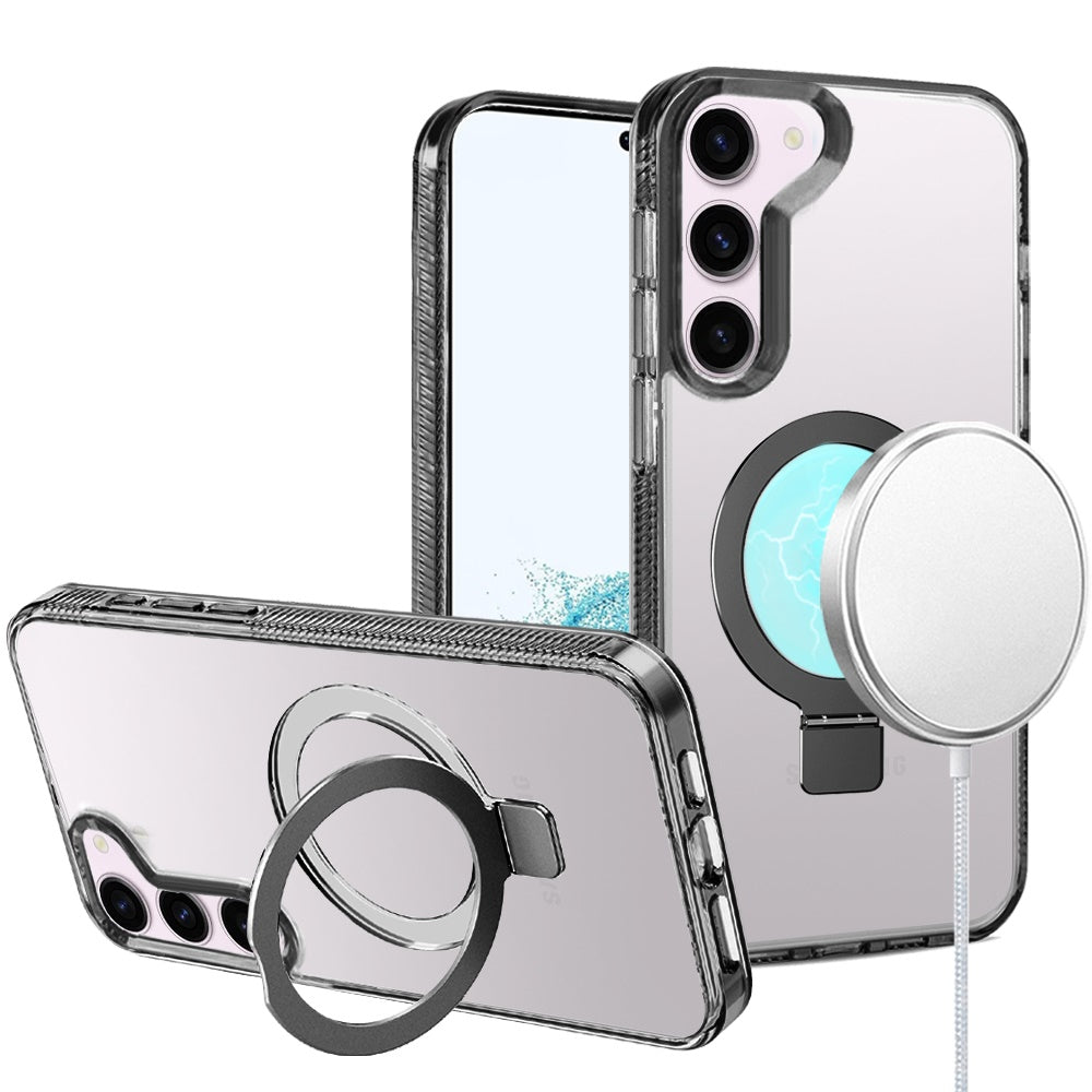 Phone Case for Samsung Galaxy S22 Transparent Dotted Edge Magnetic Ring Stand Shockproof Hybrid Grip Kickstand Clear Rugged Drop Protection Cover Black