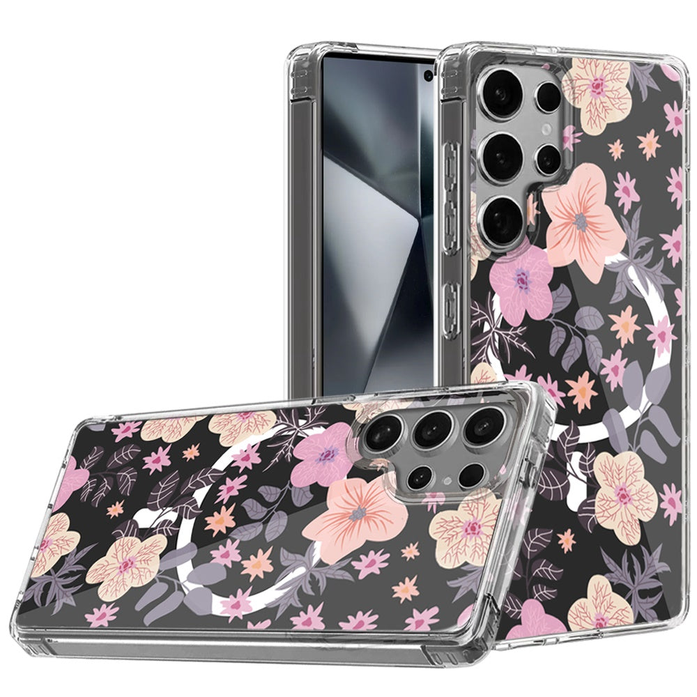 For Samsung Galaxy S25 Ultra Hybrid Flower Design Stylish Fashion Case, MagSafe Compatible, Thick Shockproof Hard PC Case Cover