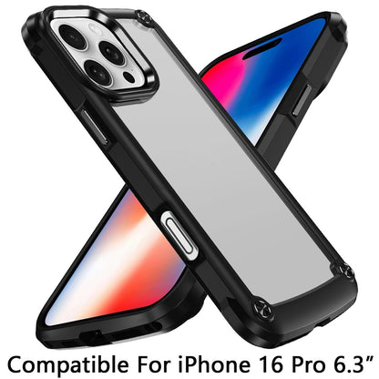 For Apple iPhone 16 Pro Hybrid Transparent Rubber with Metal Buttons & Camera Edges Hard TPU Corner Frame Bumper Case Cover Black