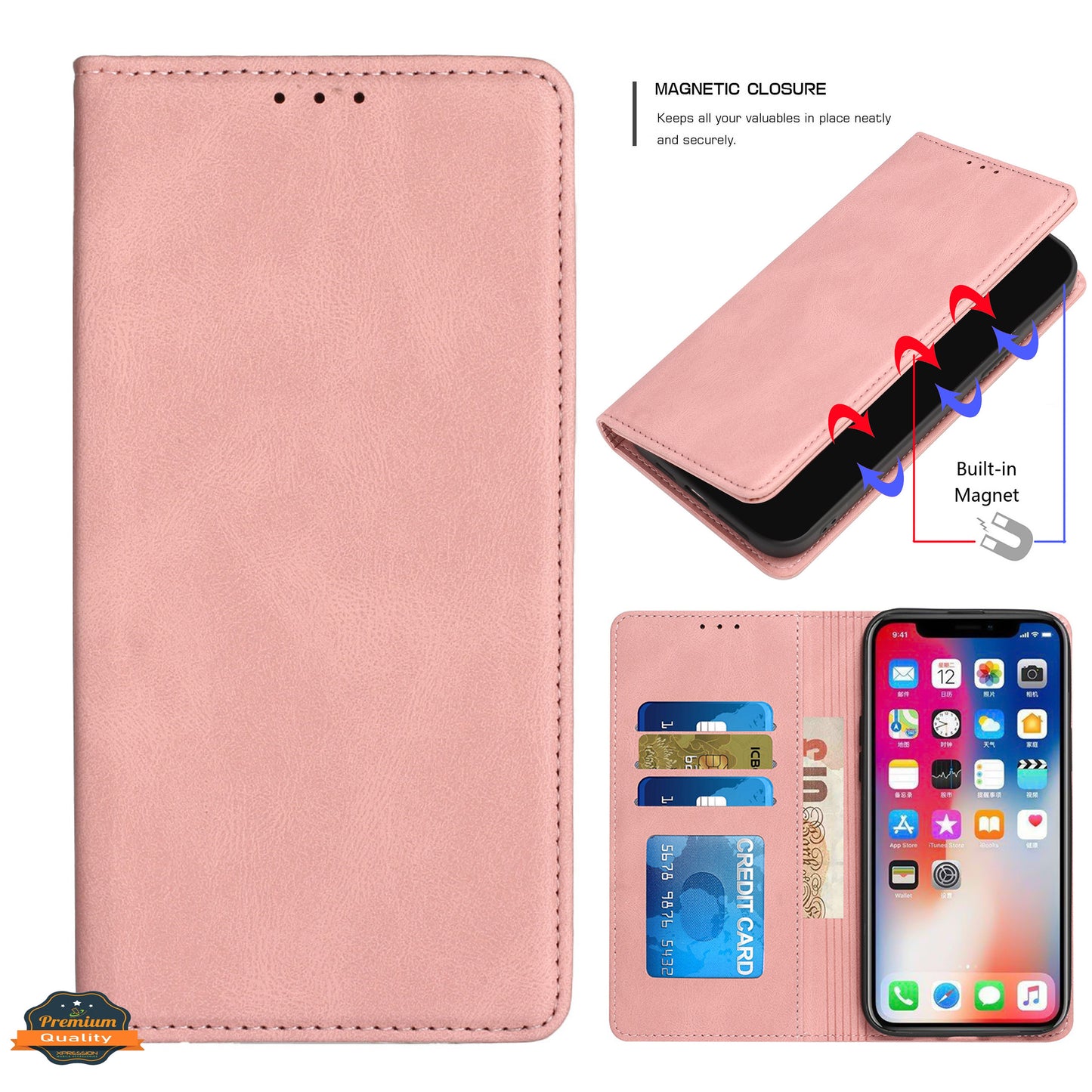 For Apple iPhone 16 Pro Max (6.9") PU Leather Pouch Flip Folio Wallet ID Credit Card Slots Money Holder with Magnetic Closure & Kickstand Case Cover