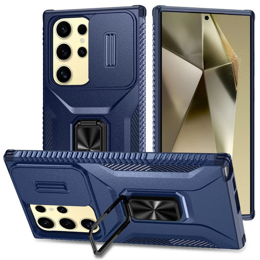 For Samsung Galaxy S23 Ultra Camera Cover Phone Case with Magnetic Rotation Ring Stand [Military Grade] Hybrid Hard TPU Shockproof Case Cover Blue