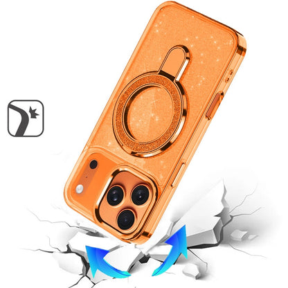 Phone Case for Apple iPhone 17 Pro Max (6.9") Transparent Glitter Bling Magnetic Ring Stand Shockproof Anti Slip Rotating Grip Protective Hybrid Durable Armor Cover Cosmic Orange