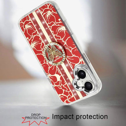 For iPhone 16 (6.1") Diamonds 3D Butterfly Floral Design Bling Sparkly Glitter Hybrid Metal Fashion with Ring Stand Case Cover