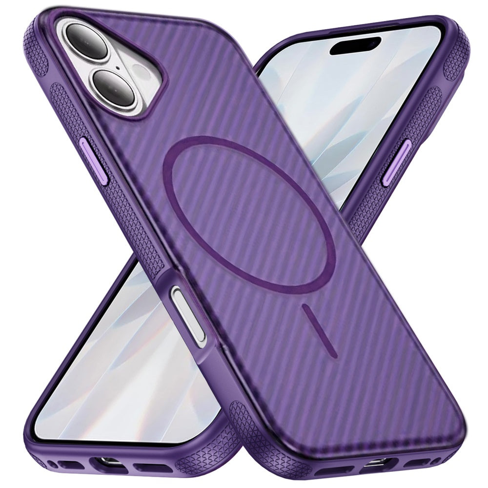 For Apple iPhone 17 (6.3") Thick Carbon Design Magnetic Hybrid Drop Protection with Metallic Buttons & MagSafe Compatible Case Cover Purple