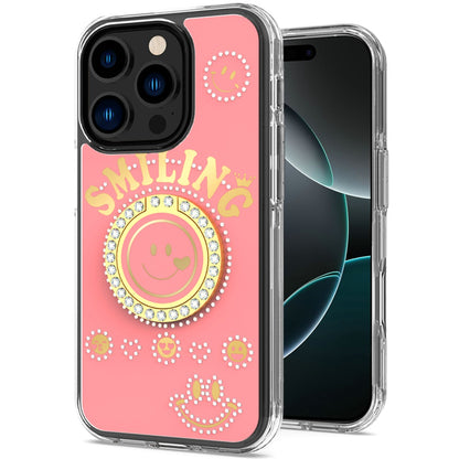 For Apple iPhone 16 Pro Max (6.9") Smiling Glitter Ornament Bling Sparkle with Ring Stand Hybrid Slim TPU + Hard Back Shell Case Cover