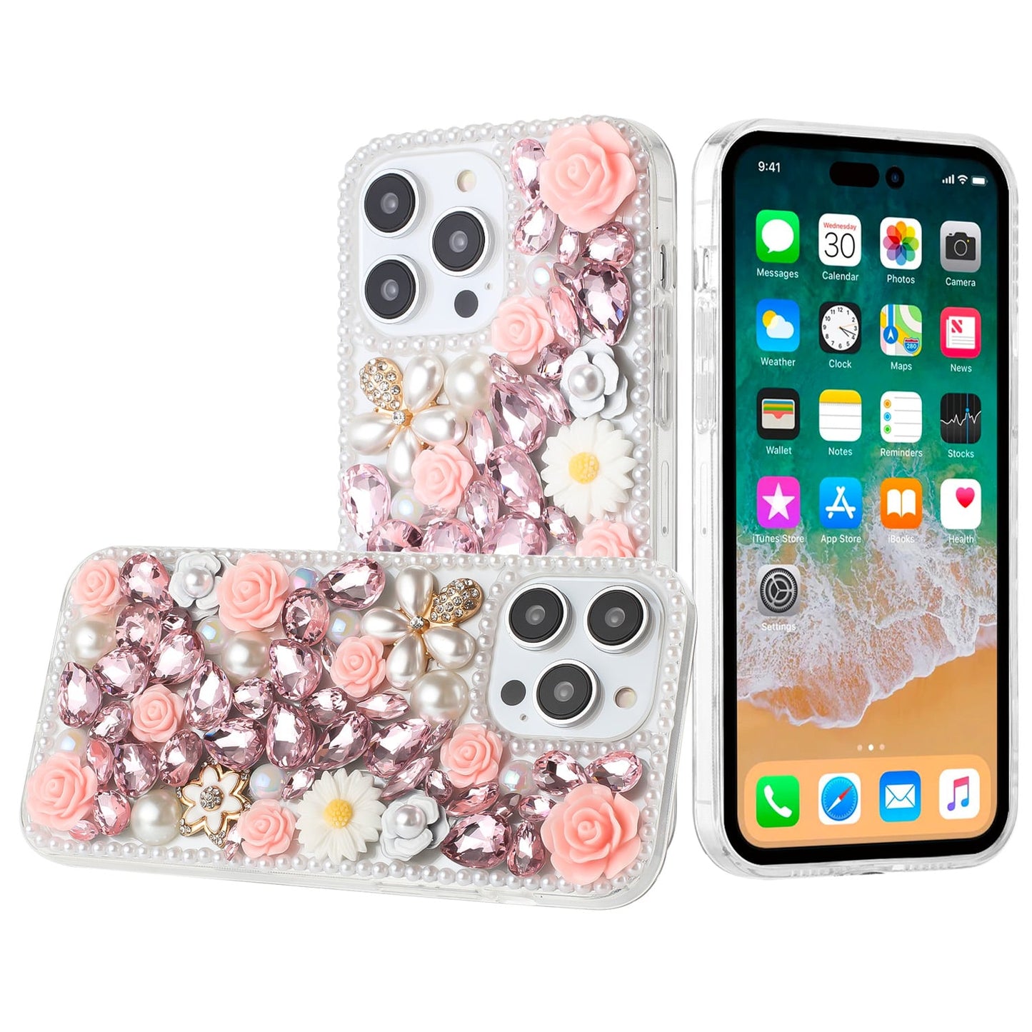 Phone Case for Apple iPhone 15 Pro Max Rose Flower Full Diamond Bling Rhinestone Glitter Luxury Stylish Sparkle Protective Designer Hybrid Cover Pink