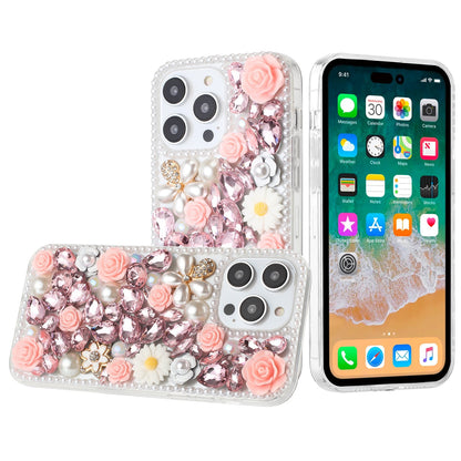 Phone Case for Apple iPhone 15 Pro Max Rose Flower Full Diamond Bling Rhinestone Glitter Luxury Stylish Sparkle Protective Designer Hybrid Cover Pink