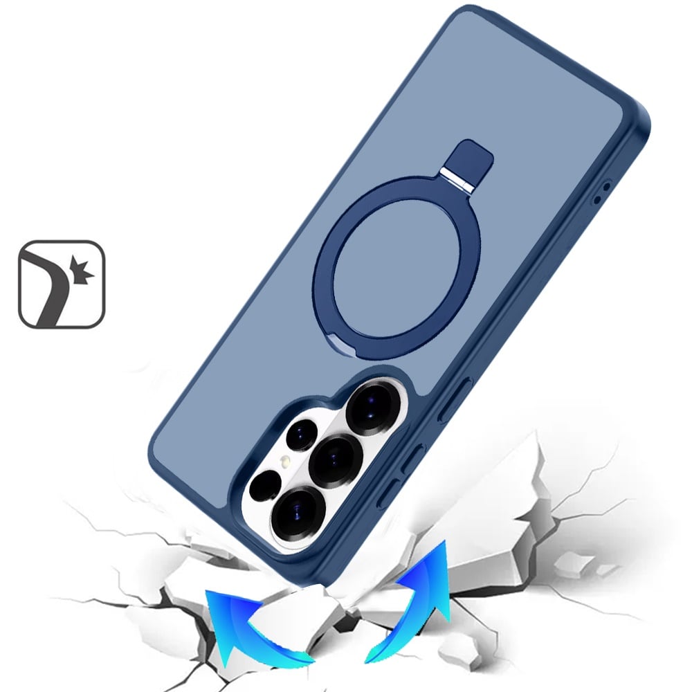 Phone Case for Samsung Galaxy S25 Ultra Magnetic Ring Stand Full Rotation Matte Shockproof Grip Anti Slip Durable Camera Protection Hybrid Cover Blue