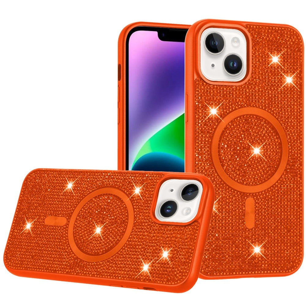 Phone Case for Apple iPhone 14/13 Magnetic Bling Diamond Sparkle Hybrid Shockproof Rugged Grip Durable Protection Anti-Slip Armor Design Cover Cosmic Orange