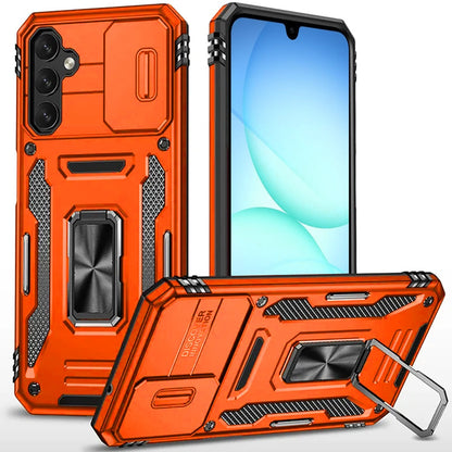 For Samsung Galaxy A17 5G Tough Hybrid Case with Movable Camera Window & Metal Ring Stand Shockproof Case Cover Cosmic Orange