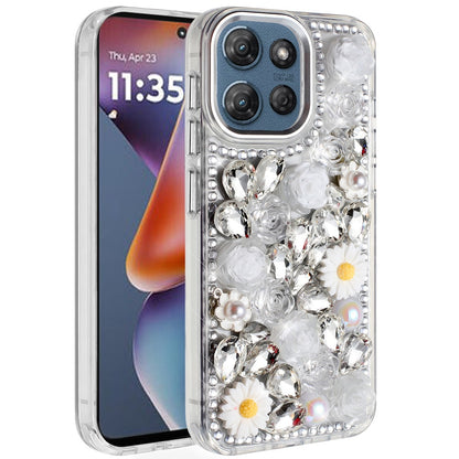For Motorola Moto G Play 5G 2026 Fashion Daisy Floral Series, Full 3D Bling Crystal Diamonds Sparkling Rhinestone Glitter Hybrid Design Case Cover White