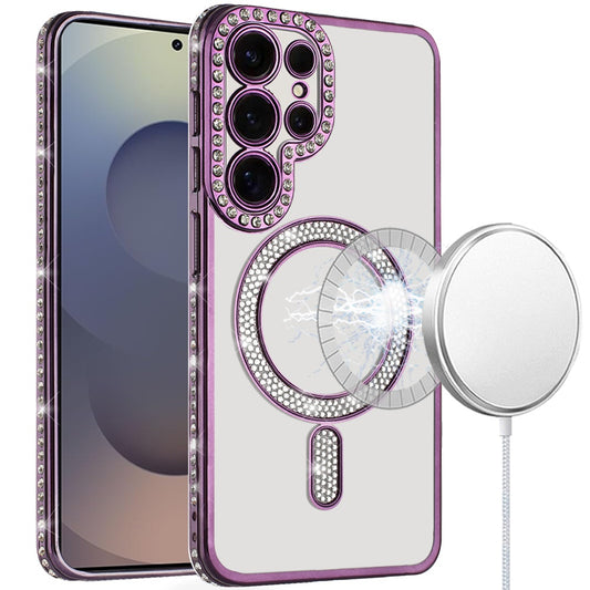 For Samsung Galaxy S24 Ultra Bling Case with Diamond Magnetic Circle, Transparent Slim Shockproof Hybrid Slim Fit Case Cover