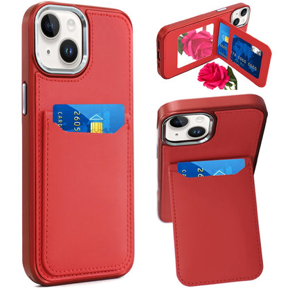 For Apple iPhone 16 (6.1") PU Leather Wallet Cover with Credit Card Holder, Kickstand & Mirror Inside Slim Fit TPU & PC Hybrid Design Case Cover