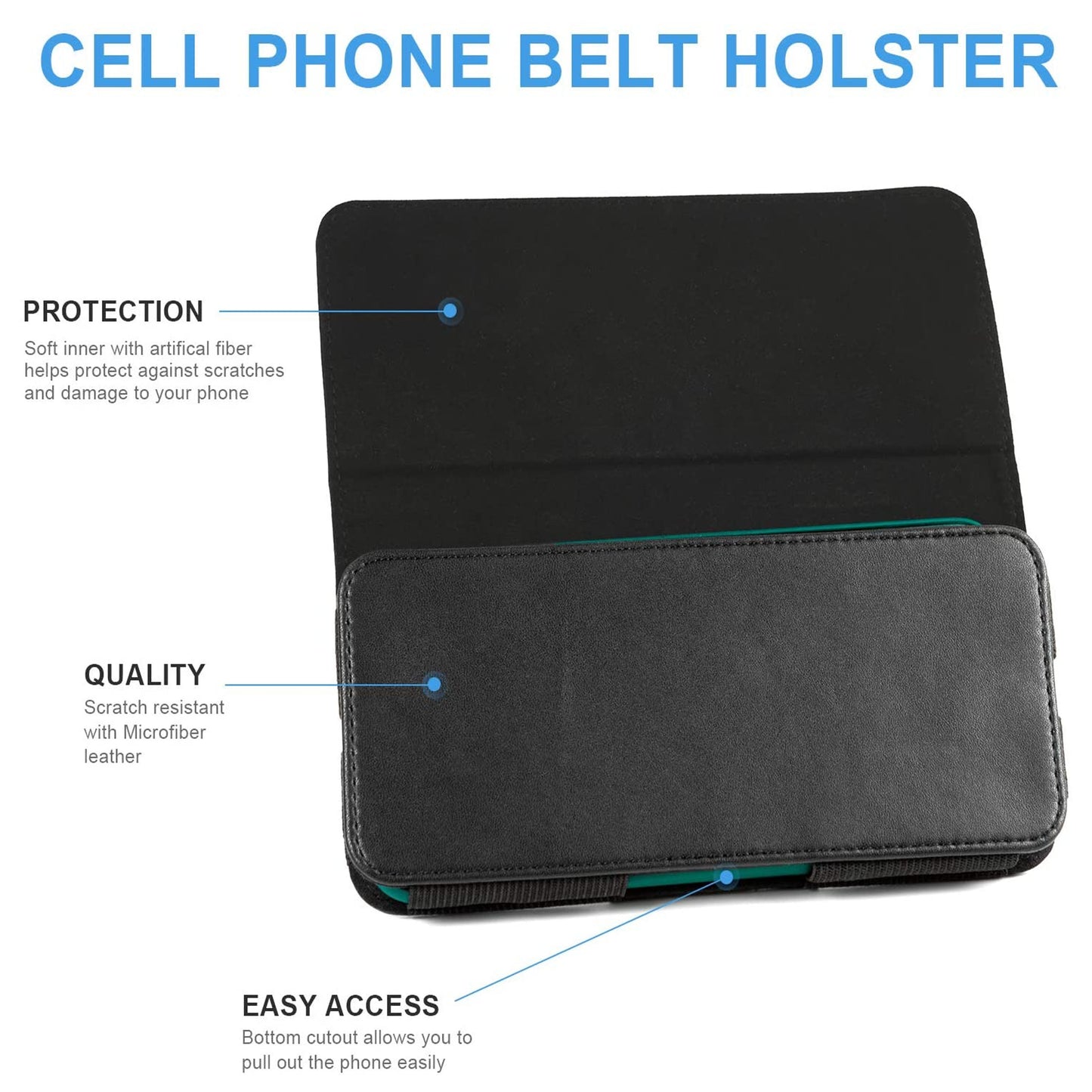 For Apple iPhone 16 Pro (6.3") Universal Leather Belt Holster Horizontal Pouch Phone Holder with Belt Loop / Clip Waistband (Large) Cover [Black]