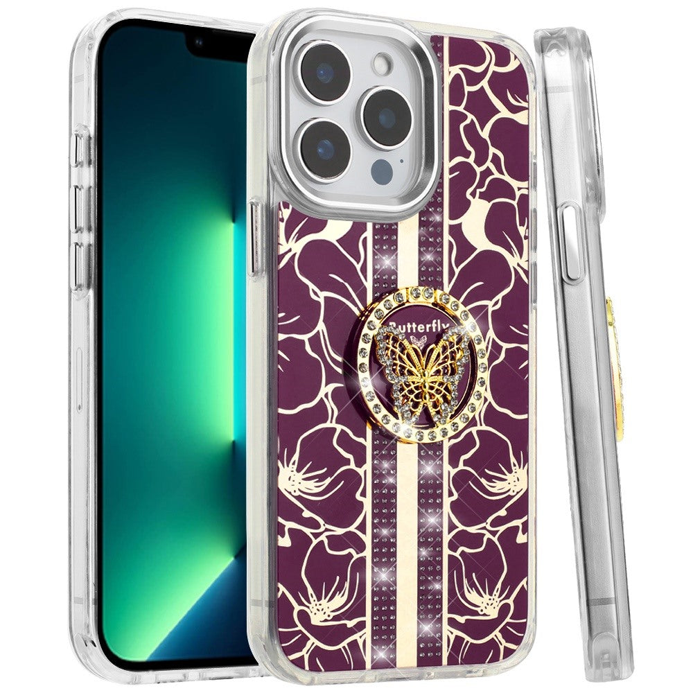 Phone Case for Apple iPhone 13 Pro Max Floral Butterfly Ring Stand Glitter Bling Shockproof Hybrid Luxury Fashion Protective Anti Slip Durable Grip Cover Purple
