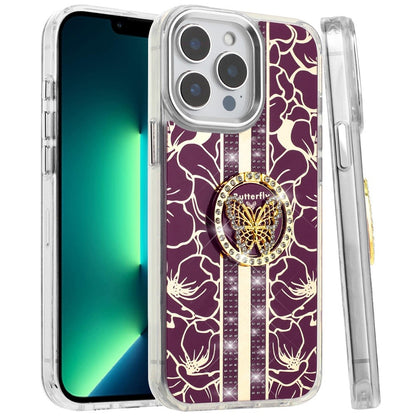 Phone Case for Apple iPhone 13 Pro Max Floral Butterfly Ring Stand Glitter Bling Shockproof Hybrid Luxury Fashion Protective Anti Slip Durable Grip Cover Purple