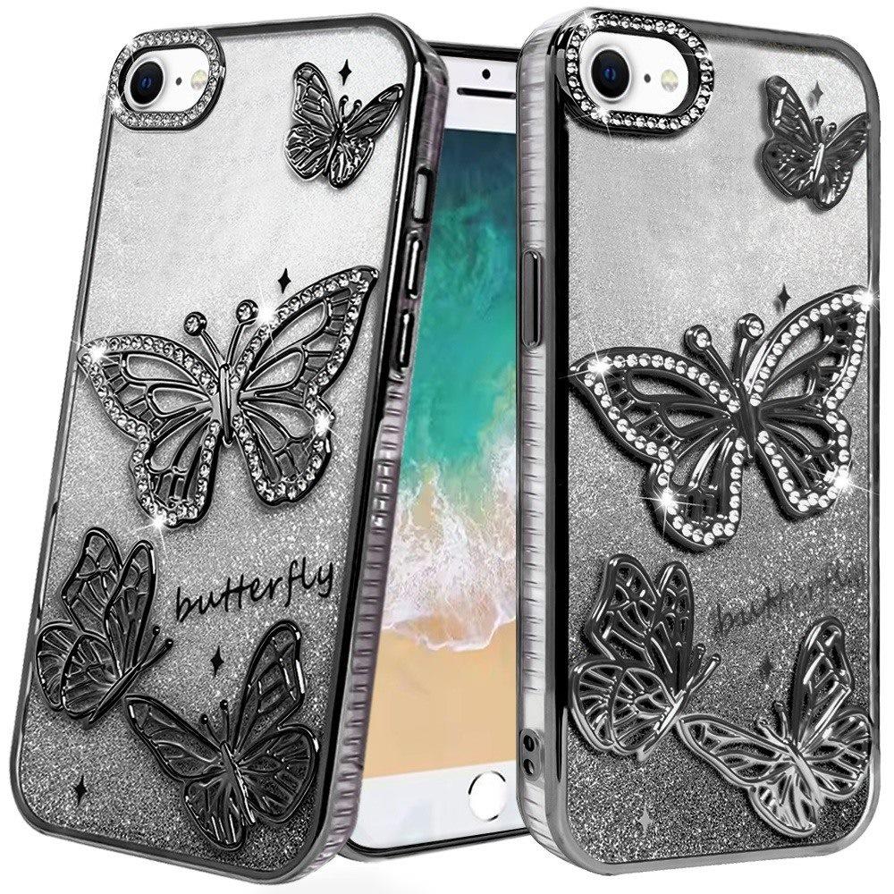 For Apple iPhone 17E /16E Luxury Butterfly Sparkle Glitter Diamond Crystal Rhinestone Shimmer Bling Plating Thick TPU Hard PC Case Cover