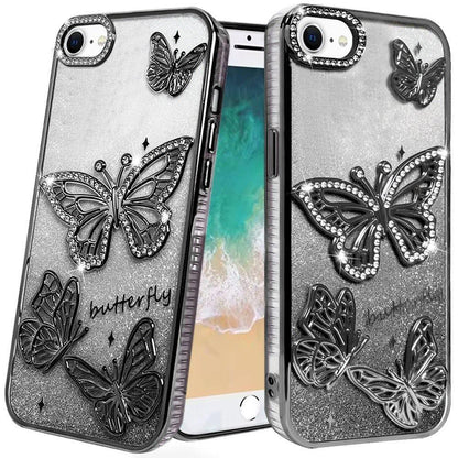 For Apple iPhone 17E /16E Luxury Butterfly Sparkle Glitter Diamond Crystal Rhinestone Shimmer Bling Plating Thick TPU Hard PC Case Cover