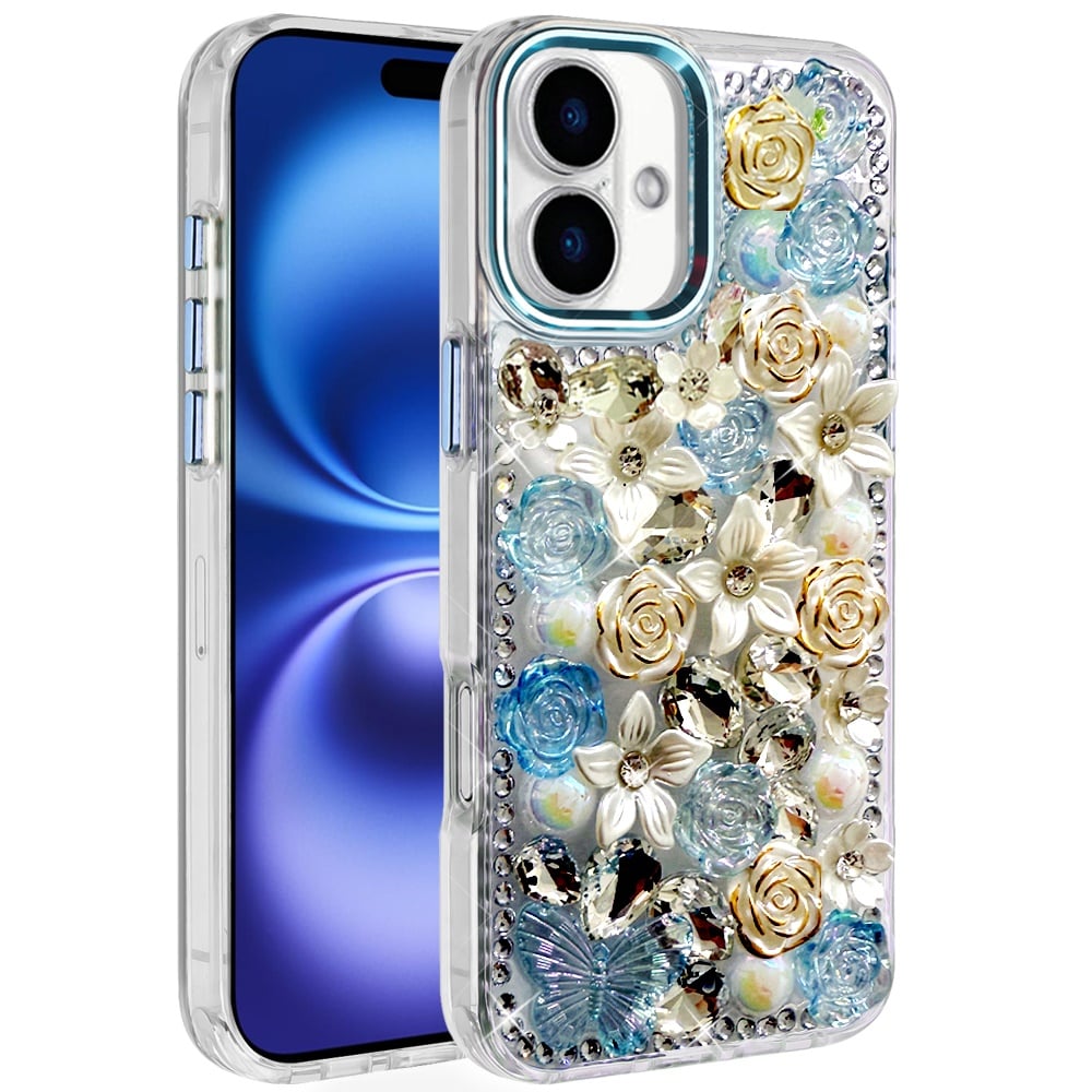 Phone Case for Apple iPhone 17 Luxury Rose Bling Rhinestone Glitter Floral Hybrid Shockproof Stylish Protective Designer Ornament Sparkle Cover Blue