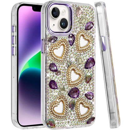 Phone Case for Apple iPhone 14 Luxury Crystal Heart Rhinestone Diamond Bling Shockproof Hybrid Glitter Protective Stylish Durable Grip Cover