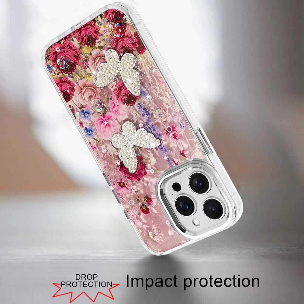 For Apple iPhone 15 Pro Max Epoxy Glitter Flowers Bling 3D Butterfly Fashion TPU Hybrid with Shockproof Protection Case Cover