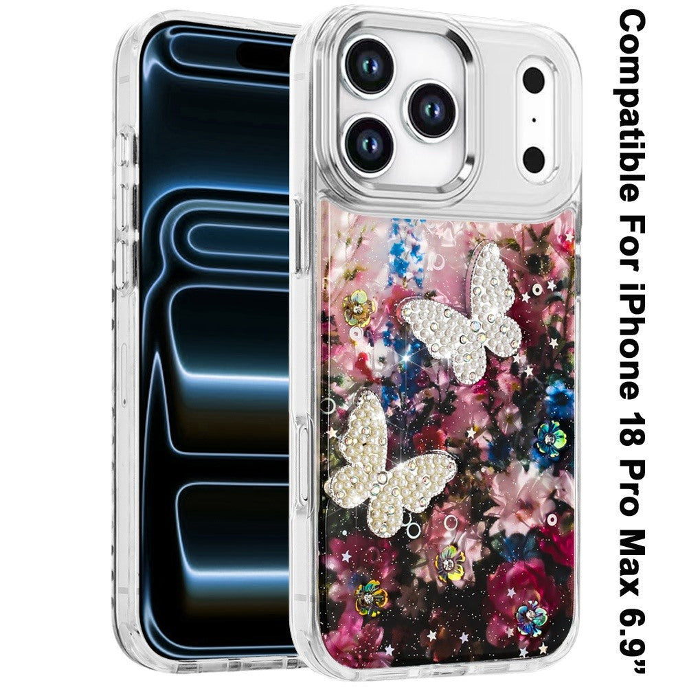 Phone Case for Apple iPhone 18 Pro Max/ 17 Pro Max Glitter Butterfly Design Metal Buttons Shockproof Hybrid TPU + PC Durable Protective Slim Grip Stylish Cover