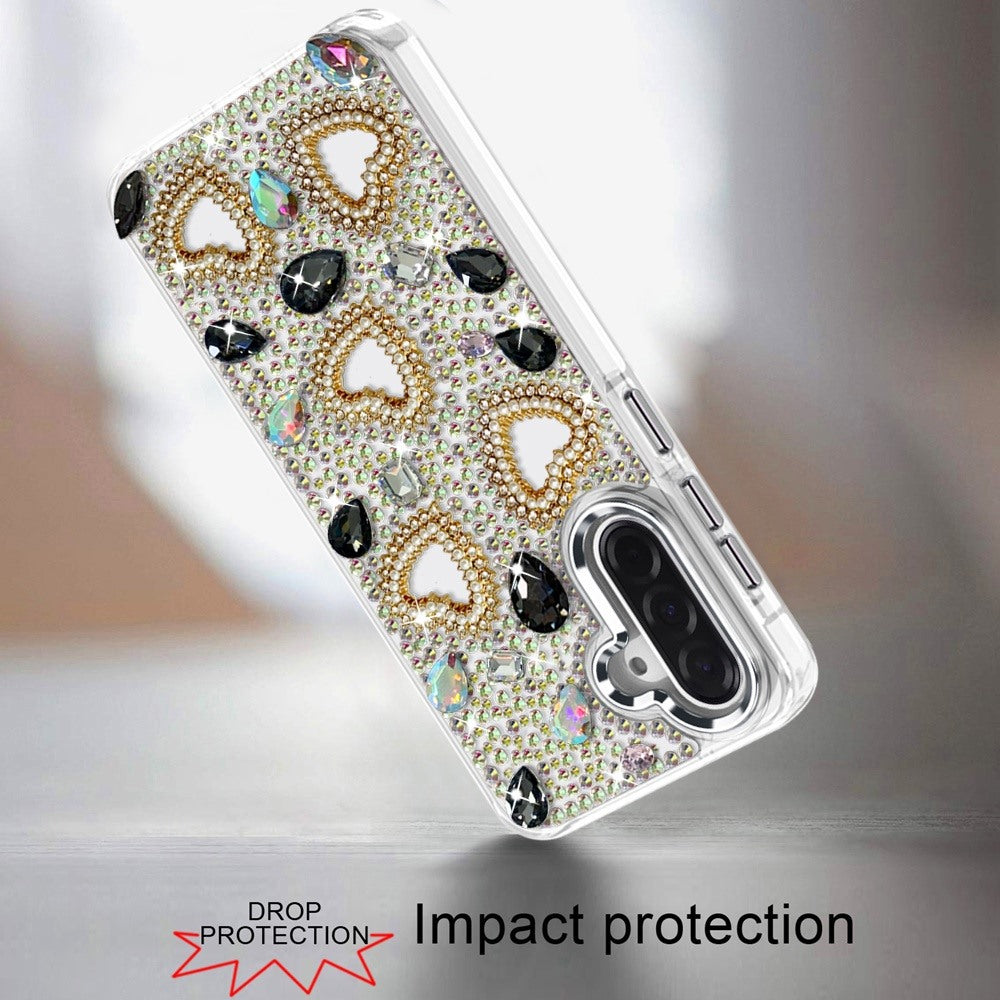 Phone Case for Samsung Galaxy S26 Luxury Crystal Heart Rhinestone Diamond Bling Shockproof Hybrid Glitter Protective Stylish Durable Grip Cover Gold