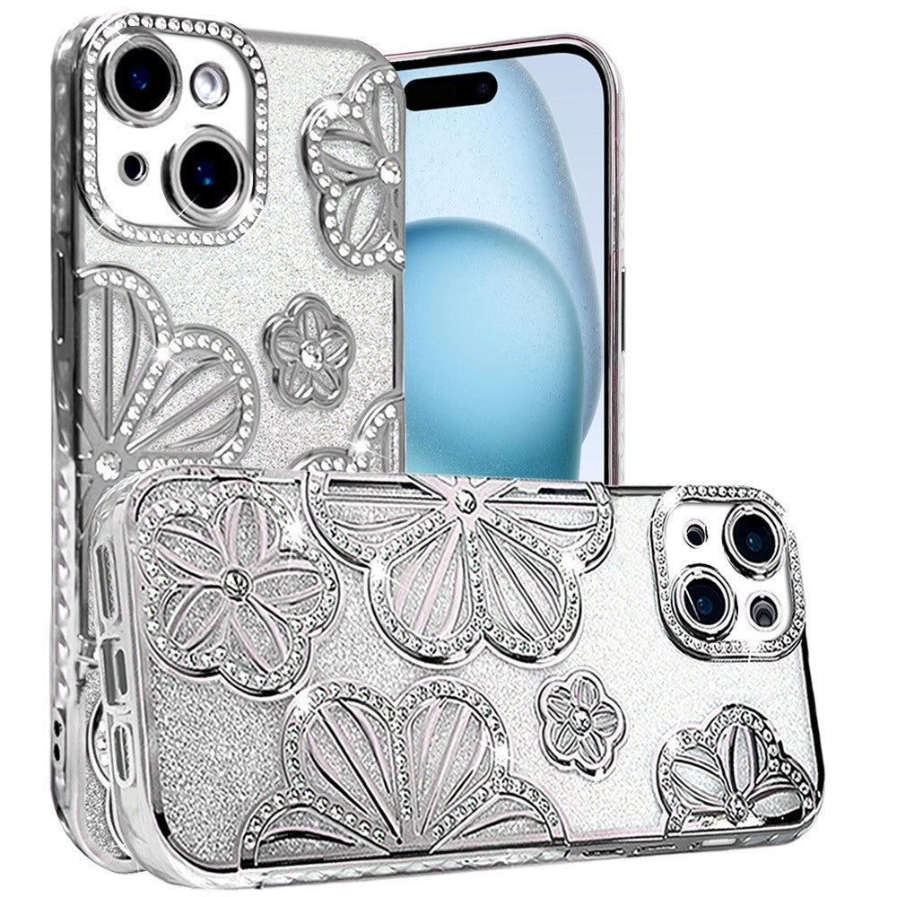 For Apple iPhone 15 Pro Max Luxury Flower Design Sparkle Glitter Diamond Rhinestone Shimmer Bling Plating Thick TPU Hard PC Case Cover
