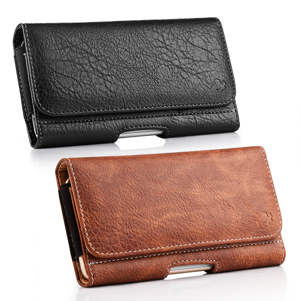 For Apple iPhone 16 Pro (6.3") Universal Horizontal Cell Phone Leather Pouch Holster Carrying Case with Credit Card Slots & Belt Clip Loop Cover [Brown]