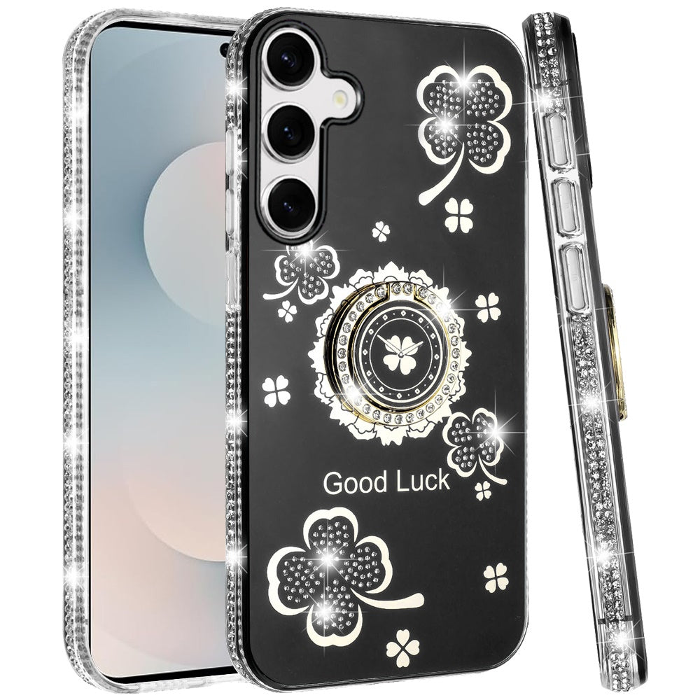 For Samsung Galaxy S26 Diamonds Bling All Around Edges Sparkly Glitter Hybrid with Ring Stand Holder Fashion Good Luck Case Cover