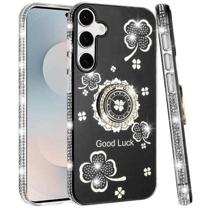 For Samsung Galaxy S26+ / S26 Plus Diamonds Bling All Around Edges Sparkly Glitter Hybrid with Ring Stand Holder Fashion Good Luck Case Cover