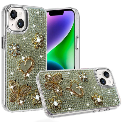 Phone Case for Apple iPhone 14/ iPhone 13 Luxury Crystal Butterfly Floral Jeweled Heart Full Diamond Design, Sparkling Decorative Details, Elegant Style Cover Silver