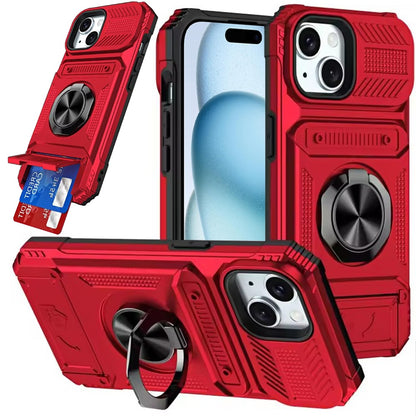 Phone Case for Apple iPhone 15 Multi Functional Card Slot Shockproof Metal Ring Hybrid Wallet Rugged Protective Grip Heavy Duty Durable Cover Red