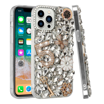 Phone Case for iPhone 15 Luxury Full Diamond Glitter 3D Floral Ornament Hybrid Shockproof Stylish Rhinestone Designer Protective Elegant Cover