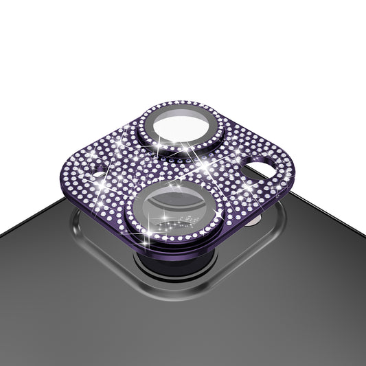 For iPhone 15 Plus (6.7") Diamond Bling Camera Lens Tempered Glass Full Coverage Scratchproof Protection Anti Fingerprint Clear HD Durable Design Case Cover Purple