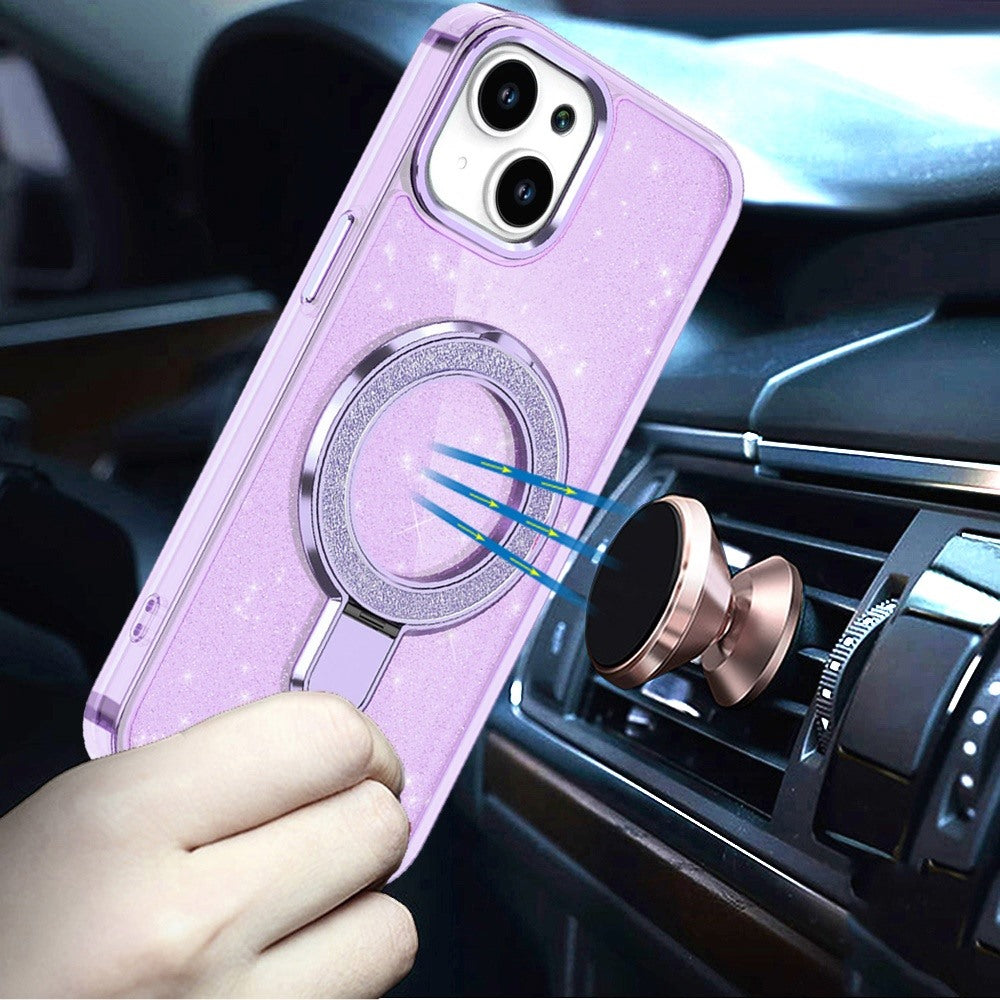 Phone Case for Apple iPhone 15 Plus Transparent Glitter Bling Magnetic Ring Stand Shockproof Anti Slip Rotating Grip Protective Hybrid Durable Armor Cover